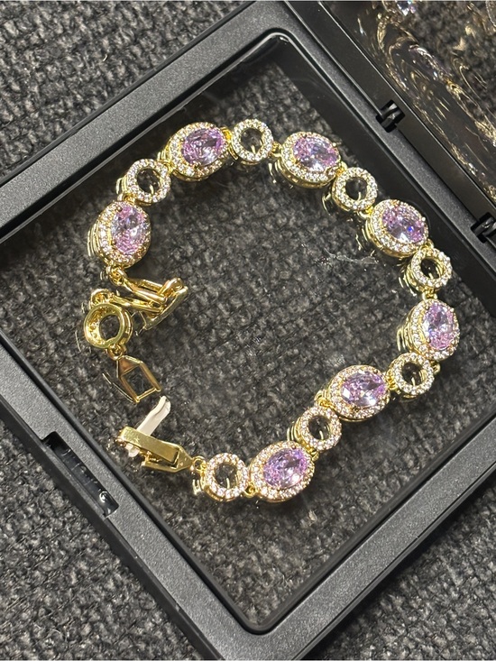 Moissanite Jewelry - Gold Bracelet with Pink Crystal Ovals
